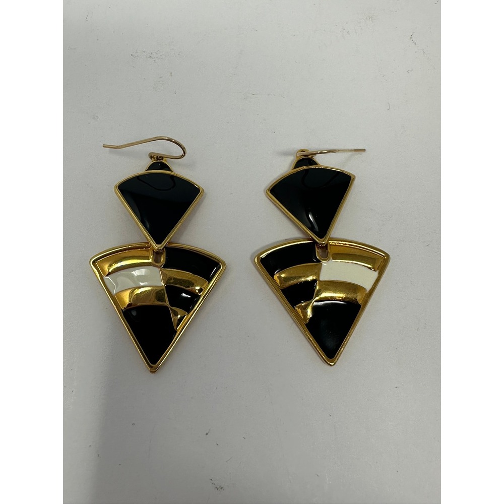 MMA CN Vintage Geometric Triangle Enamel Drop Earrings Black White Gold Tone Art